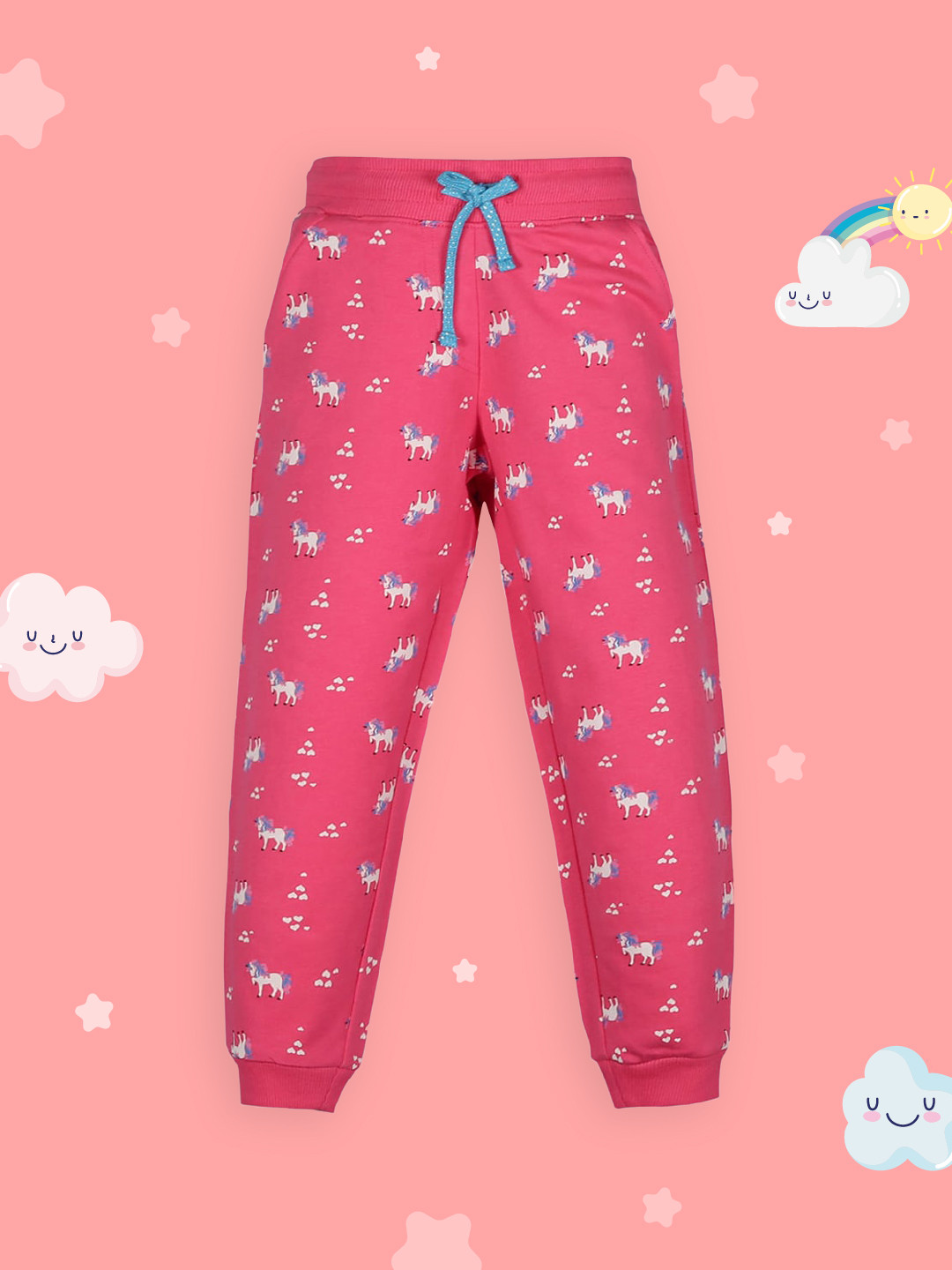 PLUM TREE Girls Pink & White Printed Cotton Loose-Fit Joggers