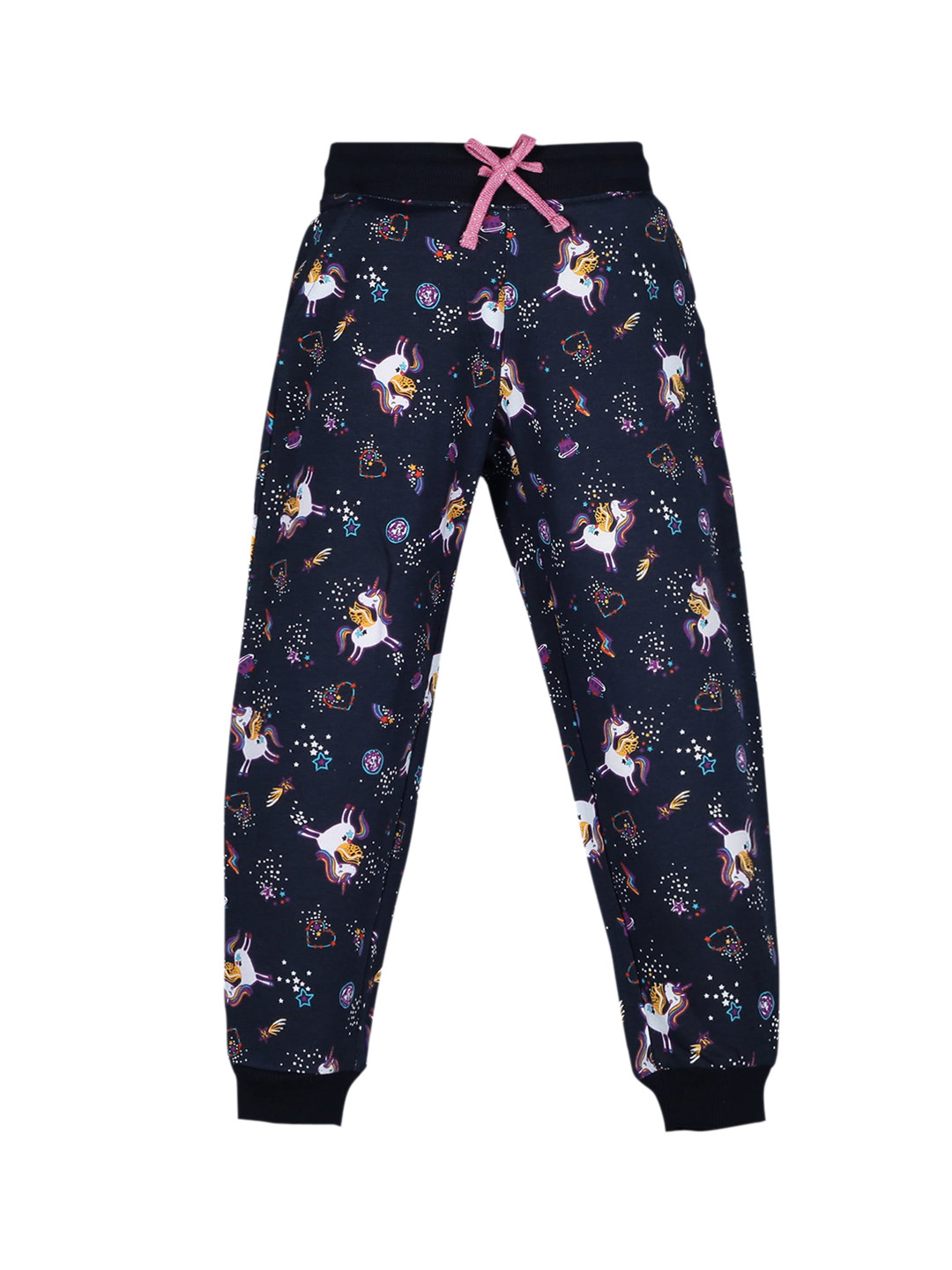 PLUM TREE Girls Navy Blue & White Unicorn Printed Pure Cotton Joggers