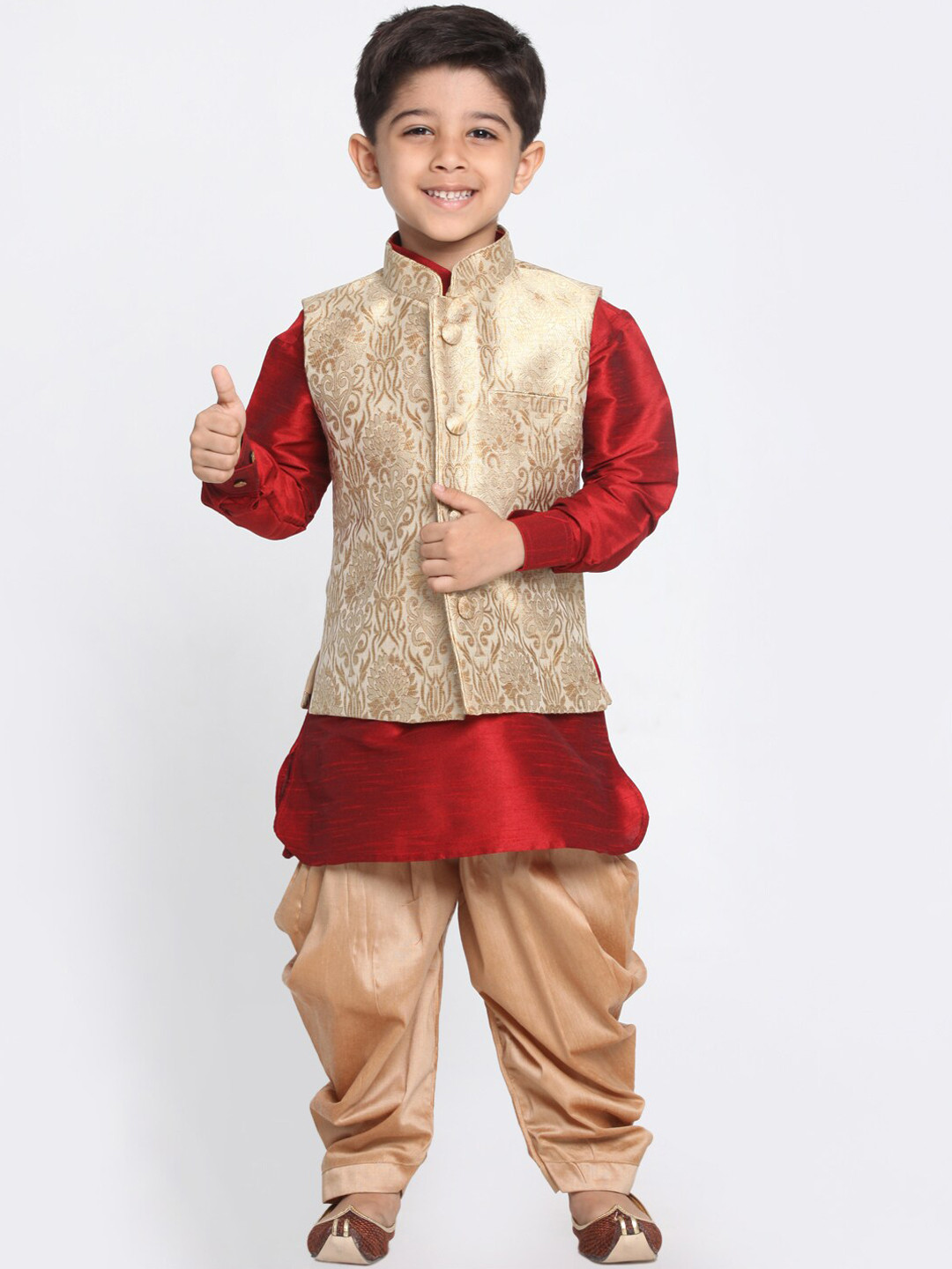 VASTRAMAY Boys Maroon Regular Kurti with Dhoti Pants & Jacket