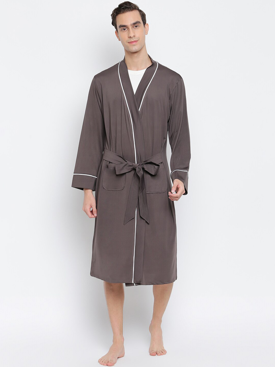 La Intimo Super Plush, Luxury Grey Solid Plush Drawstring Midi Bath Robe