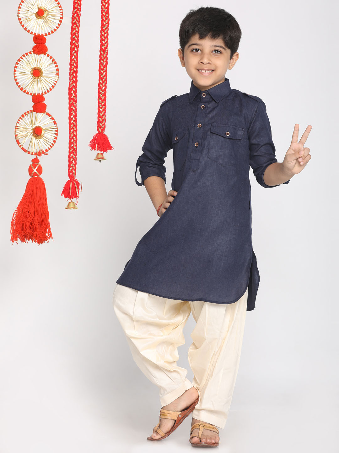 VASTRAMAY Boys Navy Blue & Cream Solid Cotton Blend Pathani Kurta With Dhoti Pants