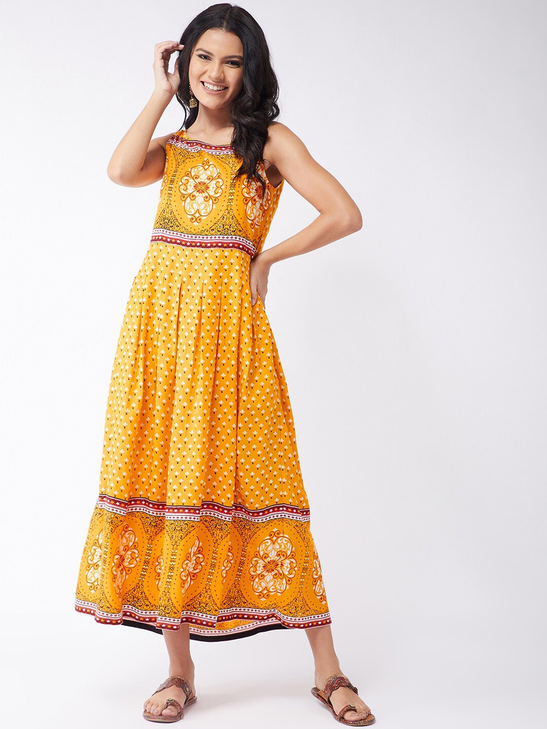 Pannkh Yellow Ethnic Motifs Midi Dress