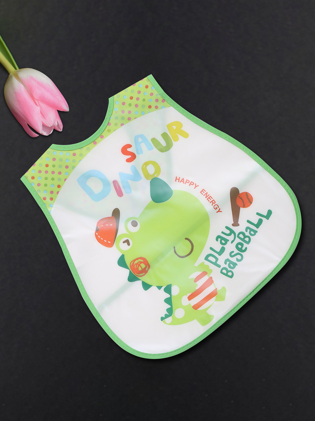 POKORY Kids White & Green Dinosaur Printed Adjustable Bib