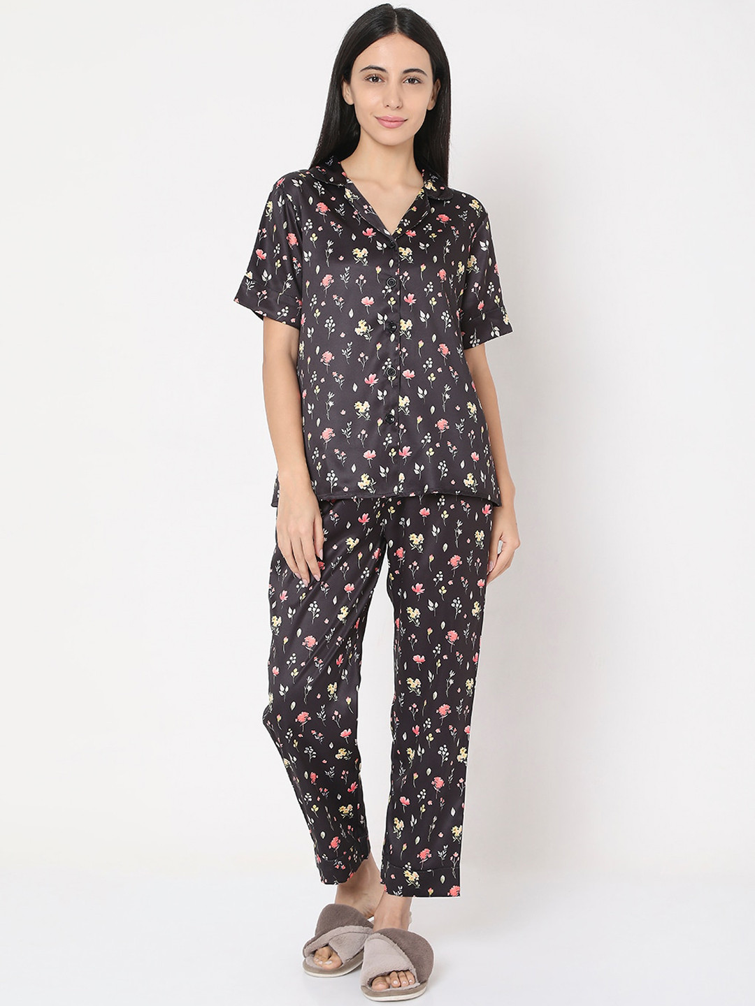 Smarty Pants Women Black & Pink Printed Satin Night Suit