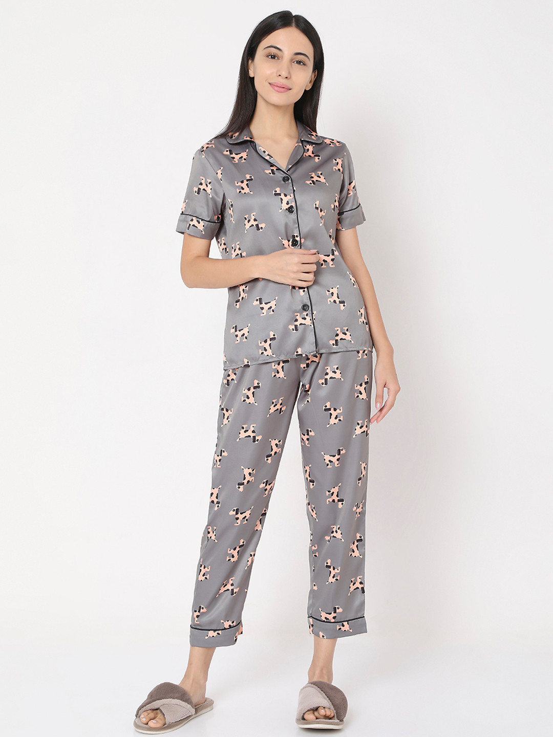 Smarty Pants Women Grey & Black Printed Night suit