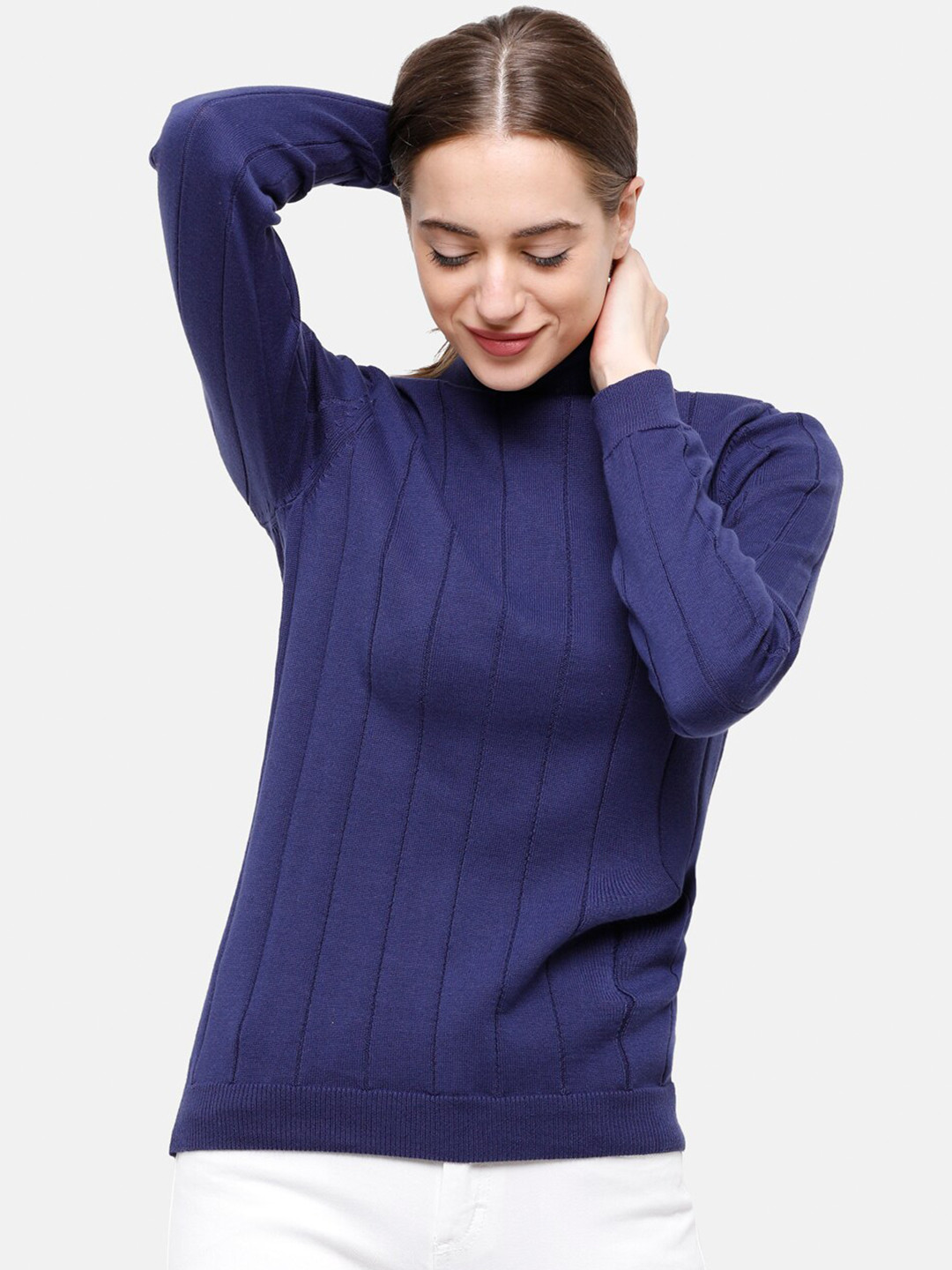 98 Degree North Women Blue Striped Self Design Pure Cotton Pullover