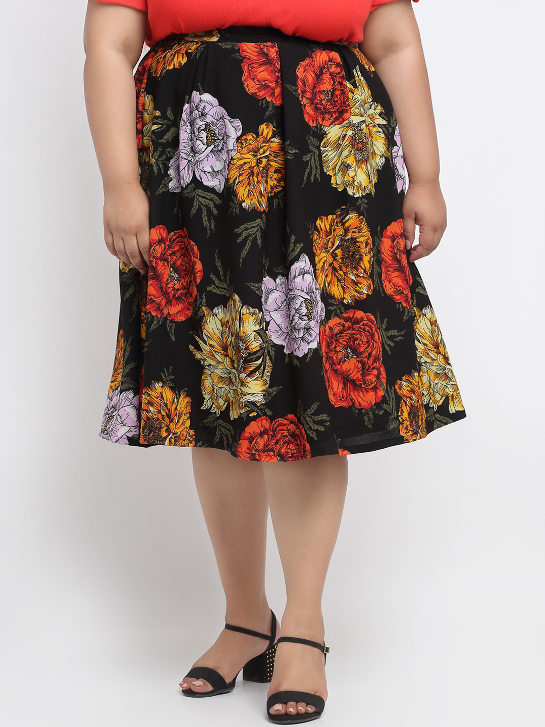 sindrellastorie Women Black & Yellow Floral Printed Flared Midi Skirt