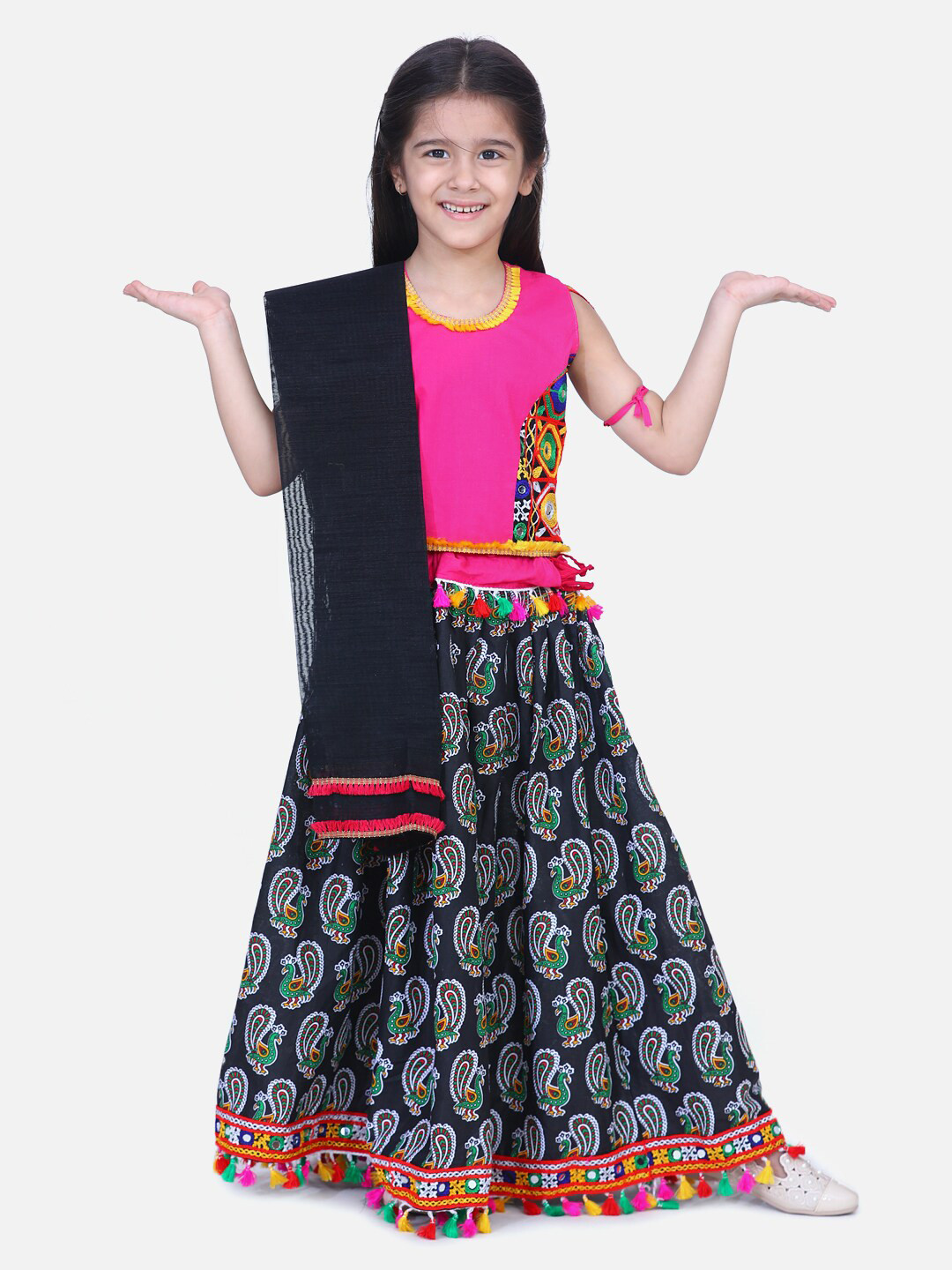 BownBee Girls Pink & Black Printed Lehenga Choli Set