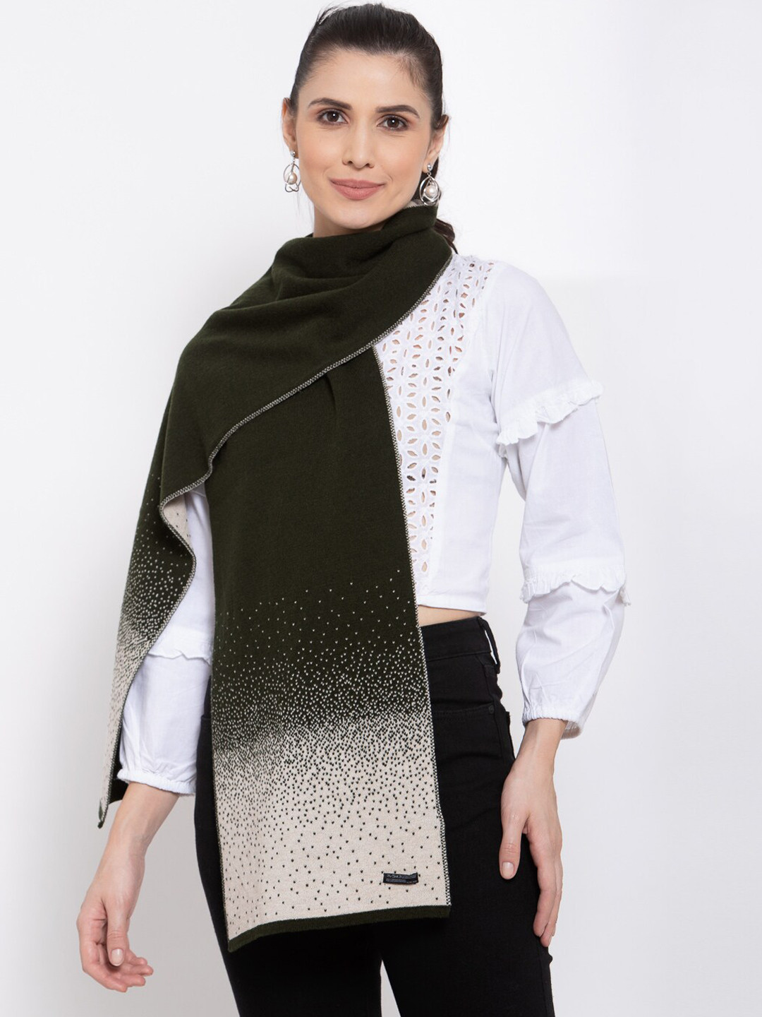 513 Women Olive Green & Beige Knitted Muffler