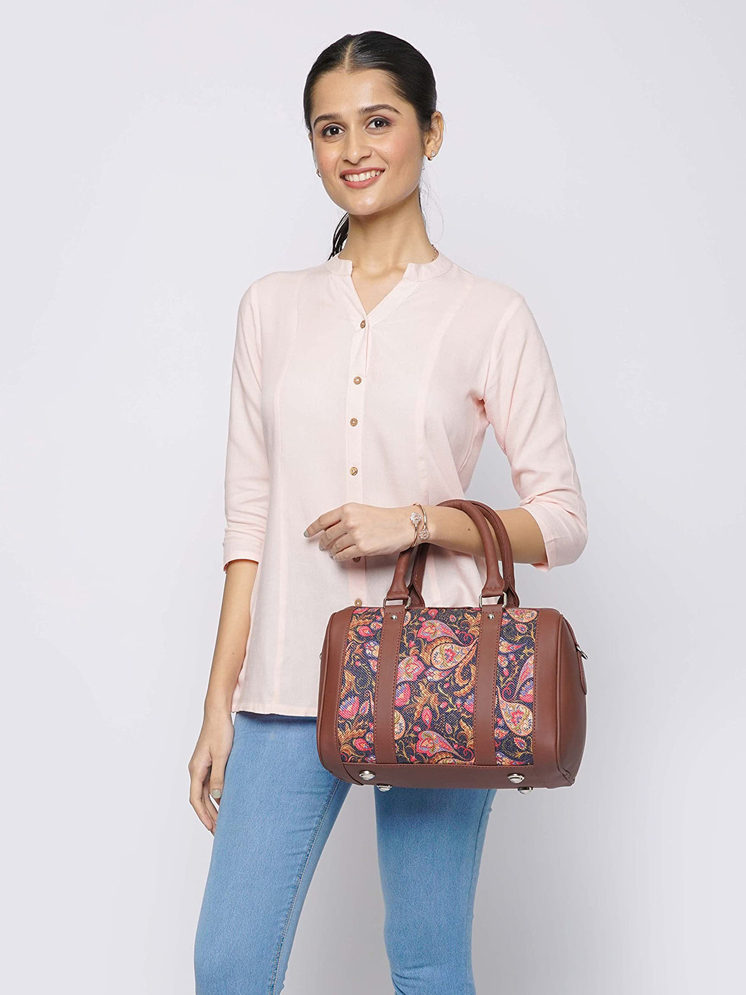 ZOUK Copper-Toned Floral Printed Bowling Handheld Bag