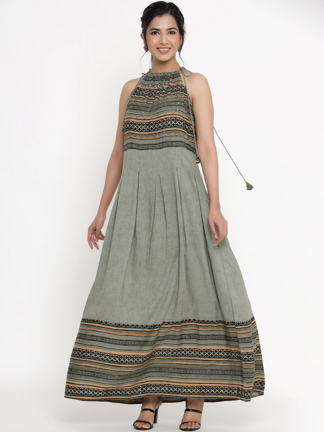 DIVYANK Women Grey and Green Ethnic Motifs Printed Pleated Maxi Dress