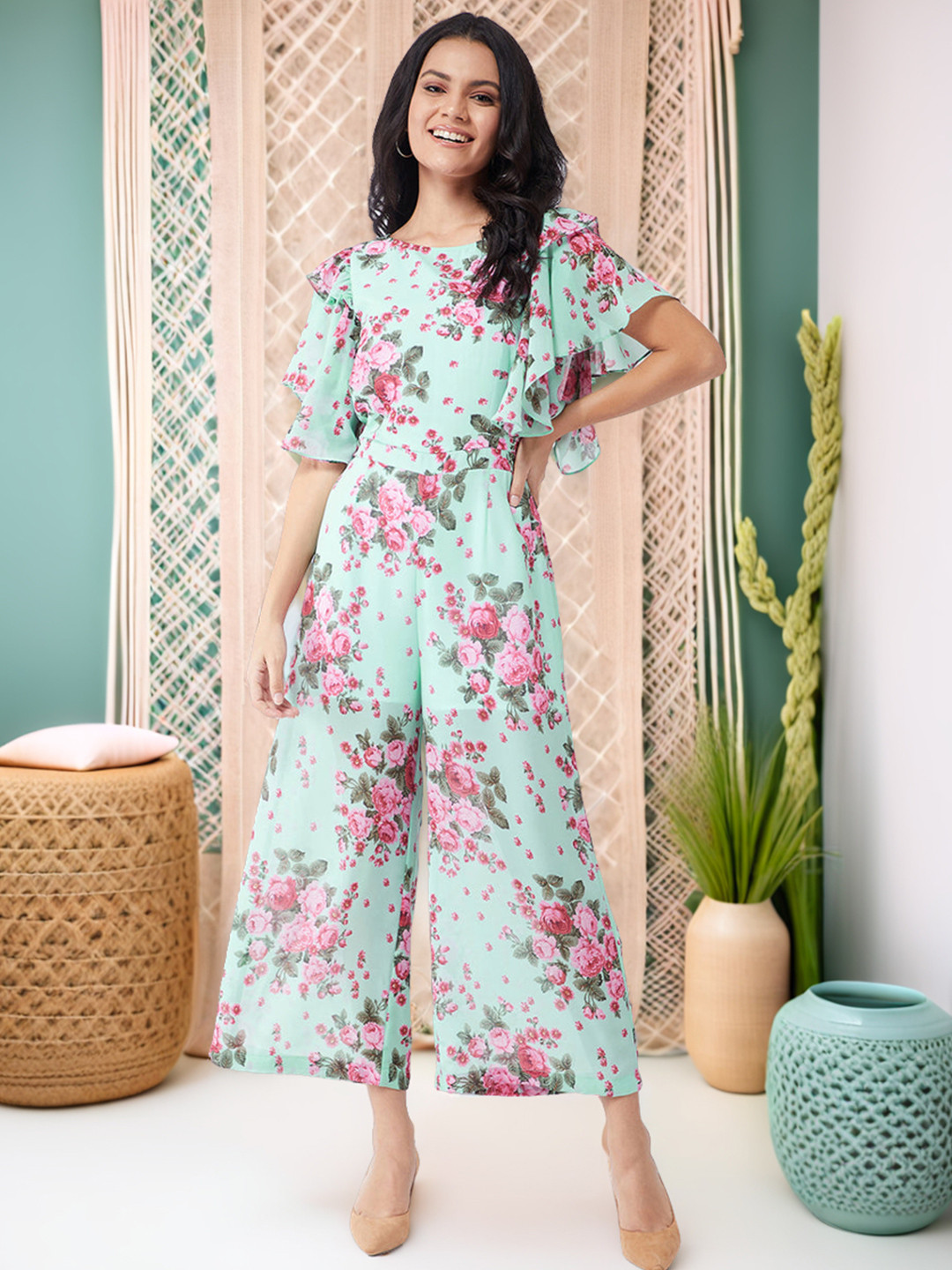 Zima Leto Blue & Pink Printed Basic Jumpsuit with Ruffles