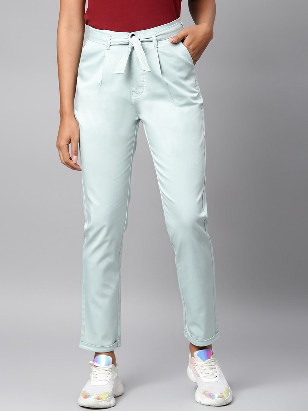 Code 61 Women Green Slim Fit High-Rise Pleated Trousers