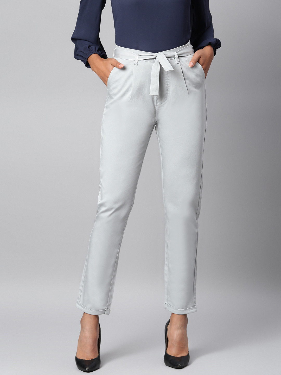 Code 61 Women Sea Green Slim Fit High-Rise Trousers