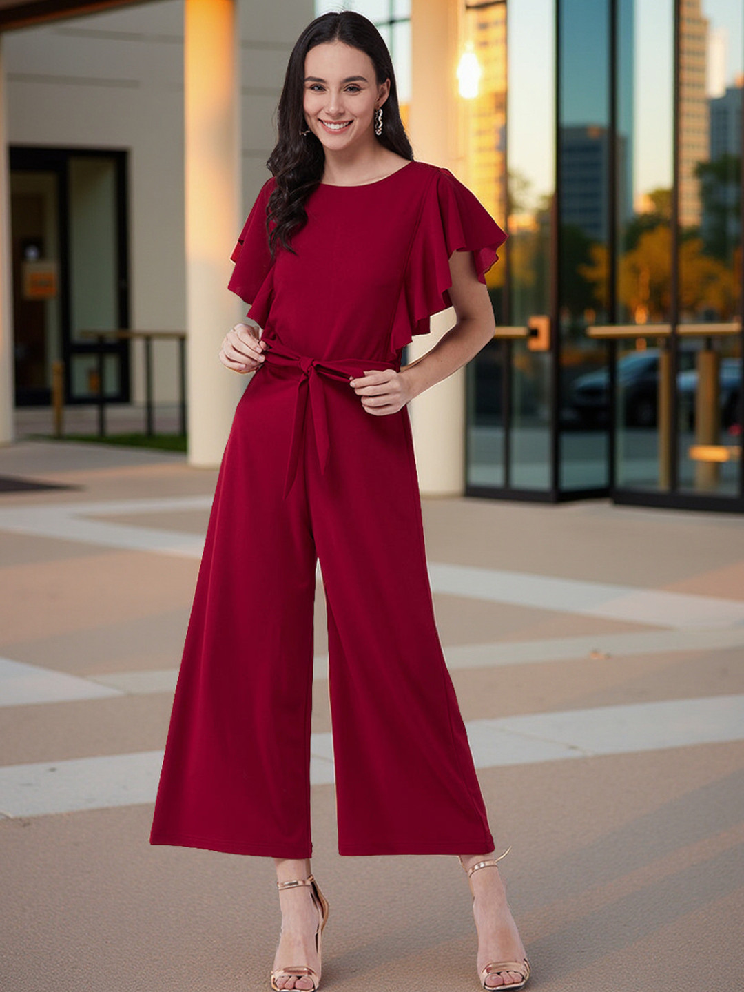Zima Leto Women Red Solid Jumpsuit With Waist Tie-Up Belt