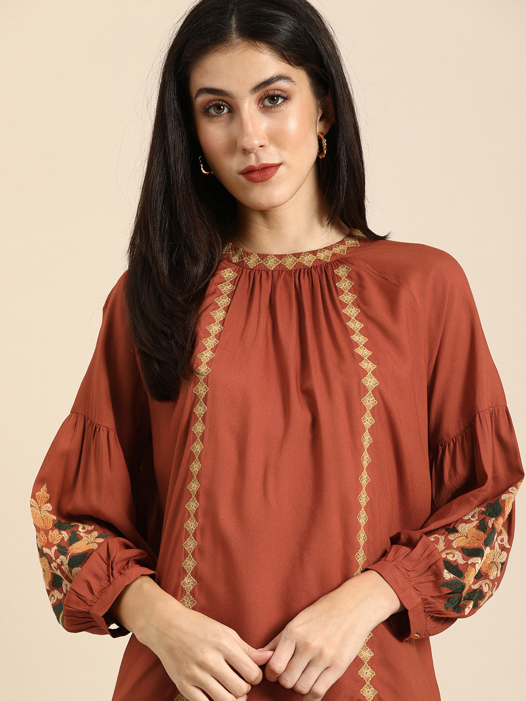 Routes by All About You Brown & Green Floral Embroidered Boxy Top