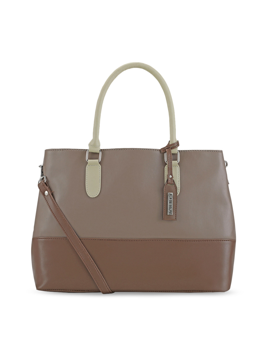 Toteteca Beige Colourblocked PU Structured Shoulder Bag with Tasselled