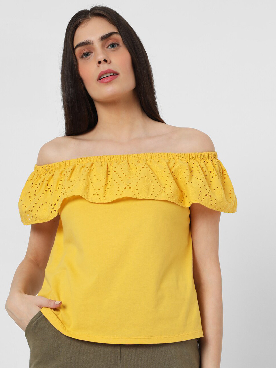 Vero Moda Yellow Schiffli Off-Shoulder Bardot Top