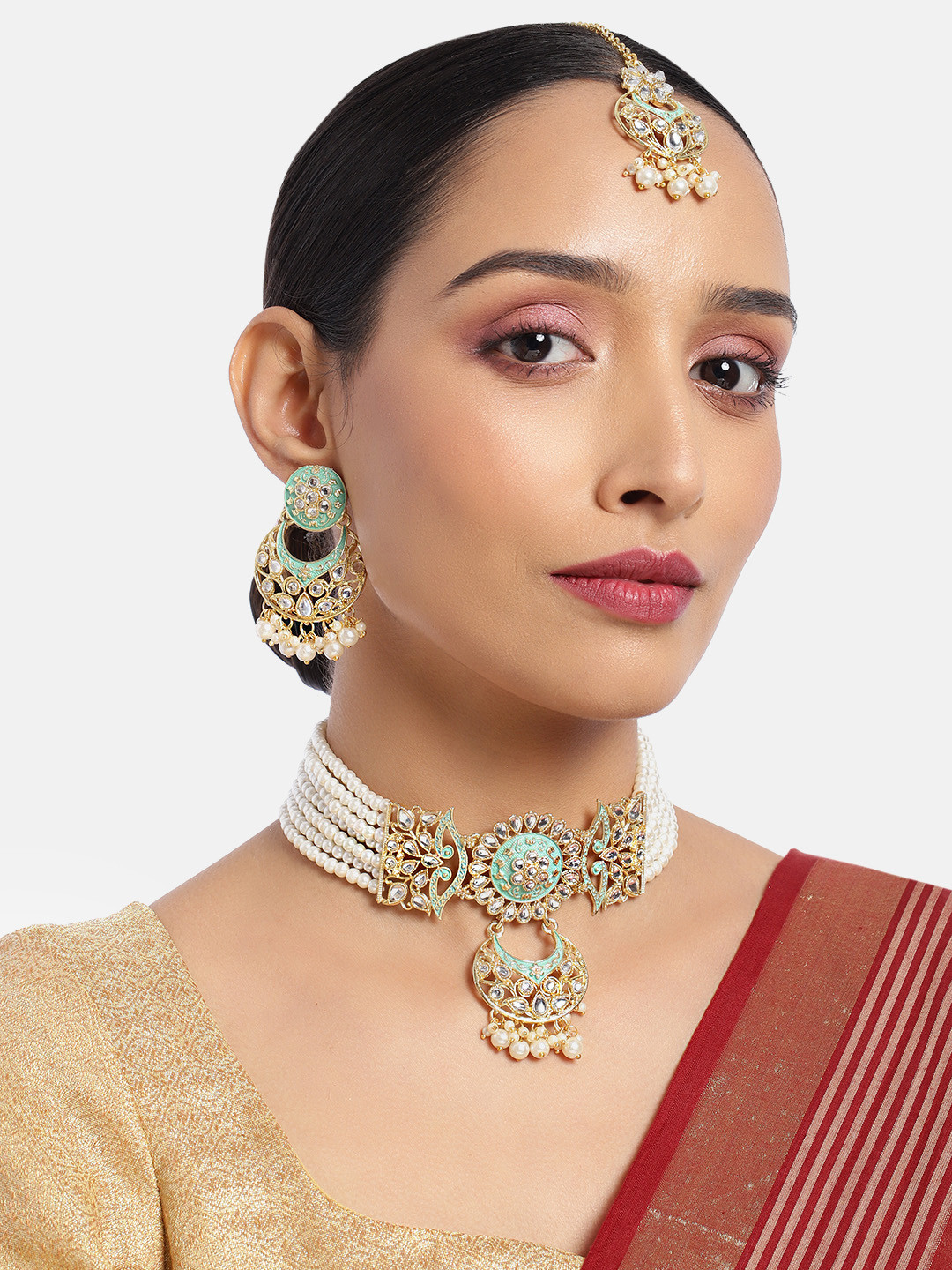 I Jewels Women Sea Green & White Gold-Plated Pearl Studded Choker Jewellery Set