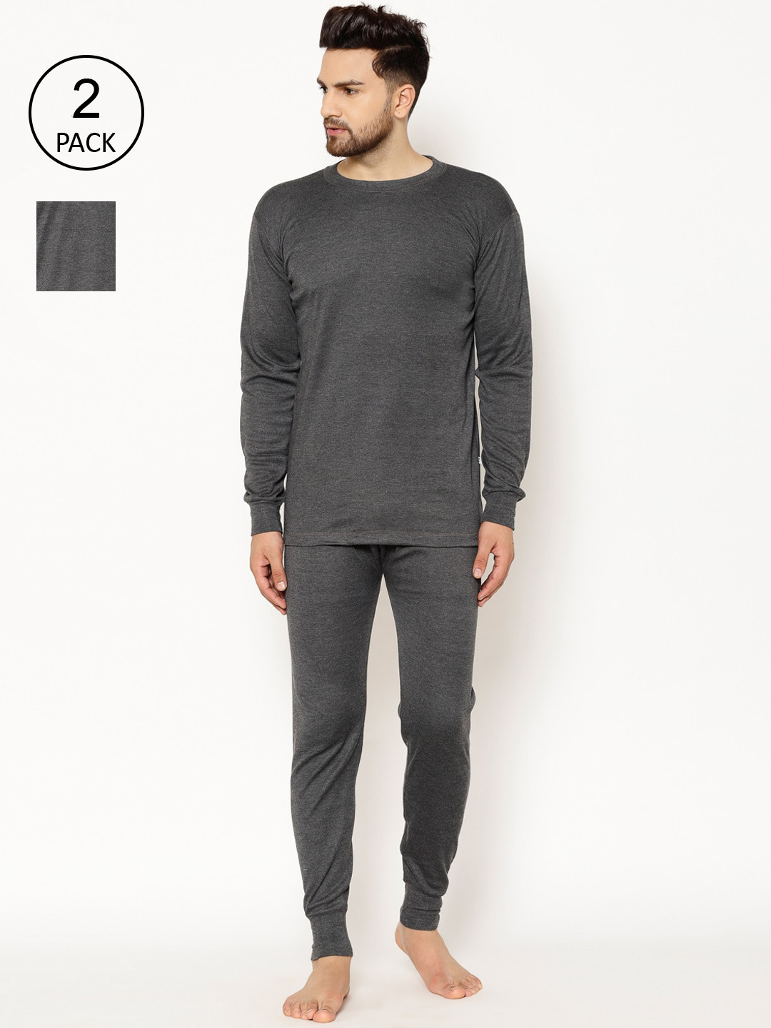 MACK JONNEY Men Pack of 2 Charcoal Black Solid Thermal Sets