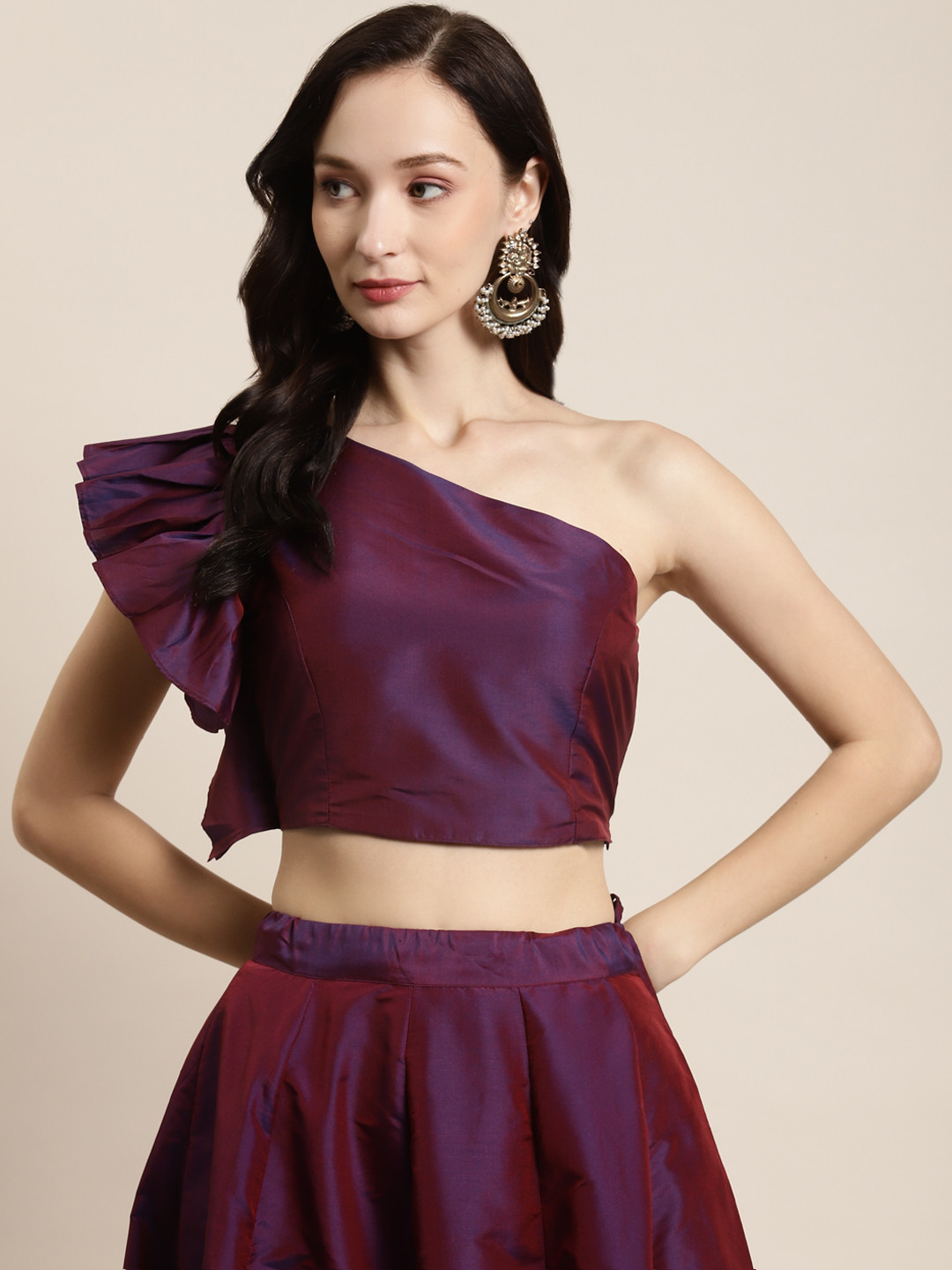 Shae by SASSAFRAS Purple One Shoulder Blouson Crop Top