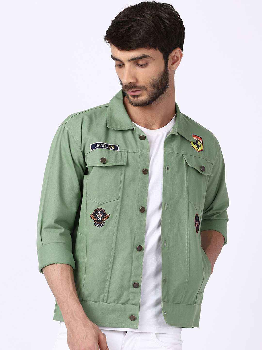 VOXATI Men Green Denim Jacket with Patchwork