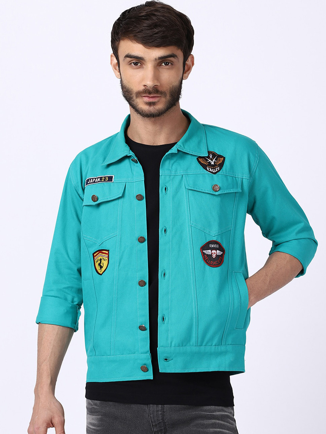 VOXATI Men Turquoise Blue Denim Jacket with Patchwork