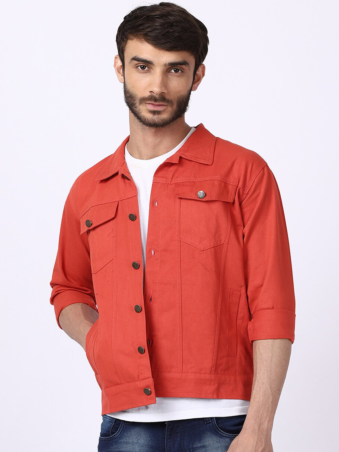 VOXATI Men Orange Denim Jacket