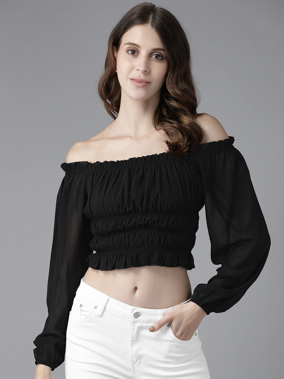 KASSUALLY Black Off-Shoulder Smocked Georgette Tank Crop Top