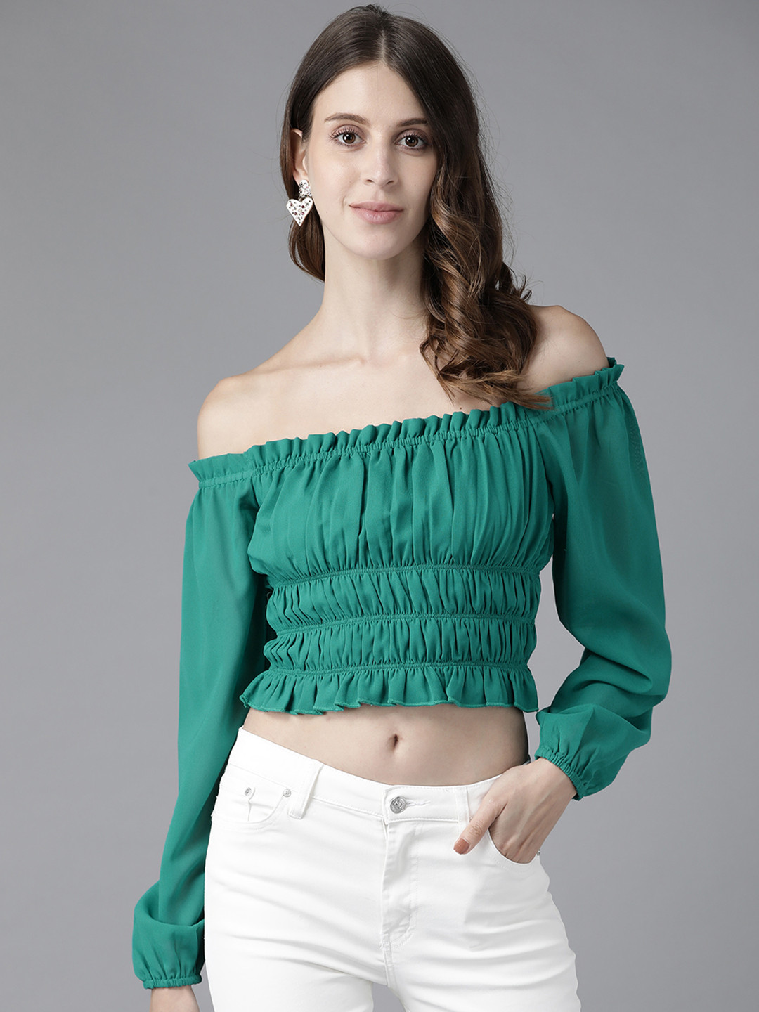KASSUALLY Turquoise Blue Off-Shoulder Georgette Tank Crop Top