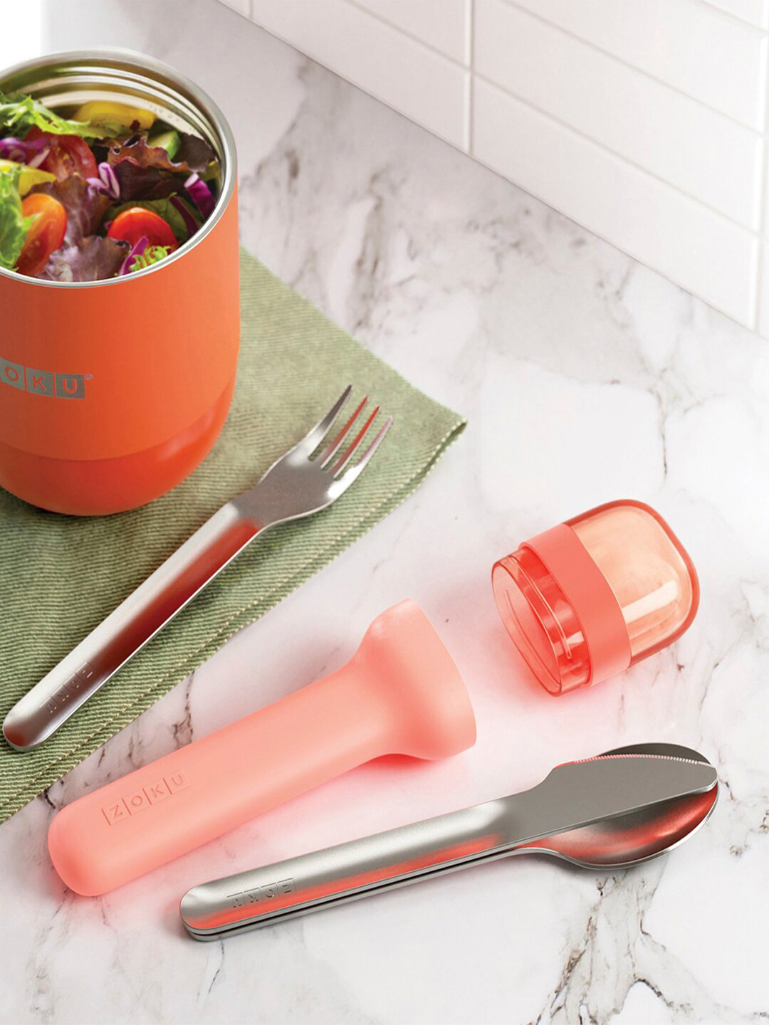 ZOKU Kids Peach-Coloured & Silver-Toned 3 Pieces Stainless Steel Pocket Utensil Set