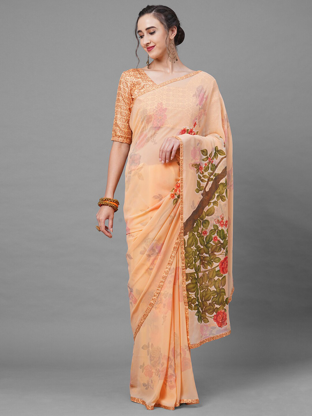 Mitera Orange & Pink Floral Saree