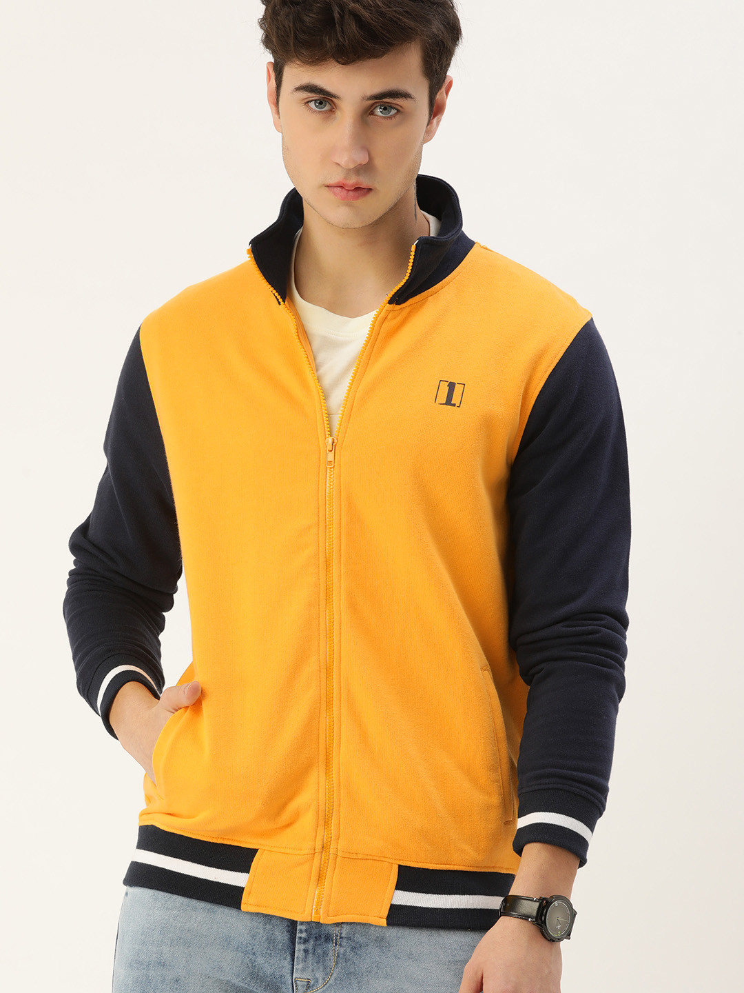 SINGLE Men Yellow Varsity Printed Slim Fit Front-Open Sweatshirt