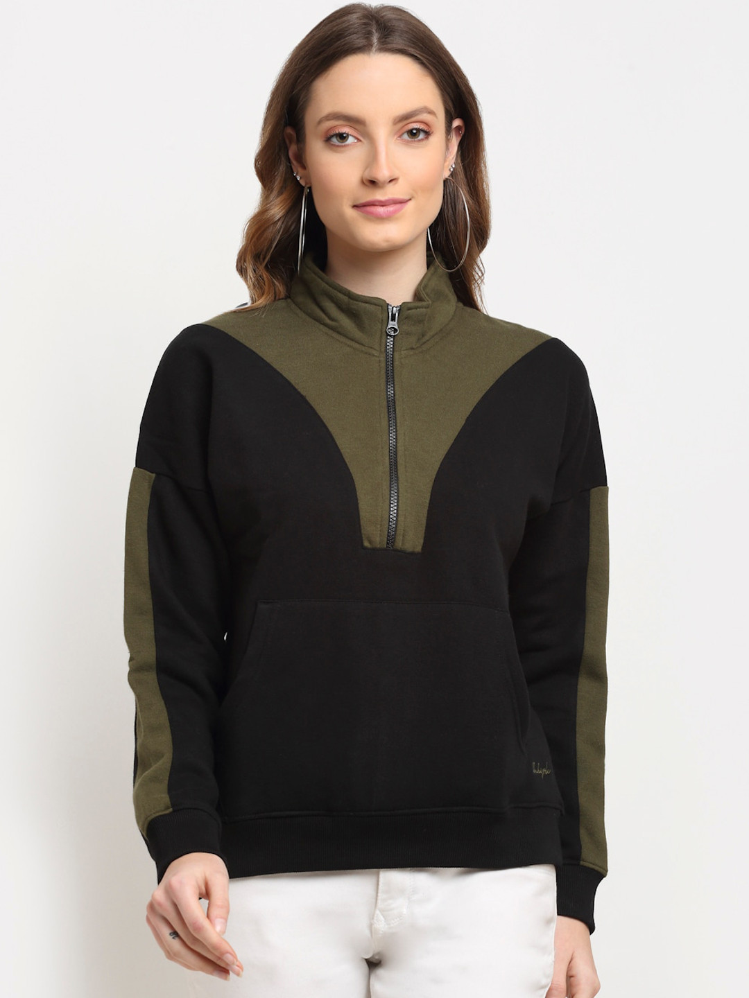 Club York Women Black and Olive Green Colourblocked Sweatshirt