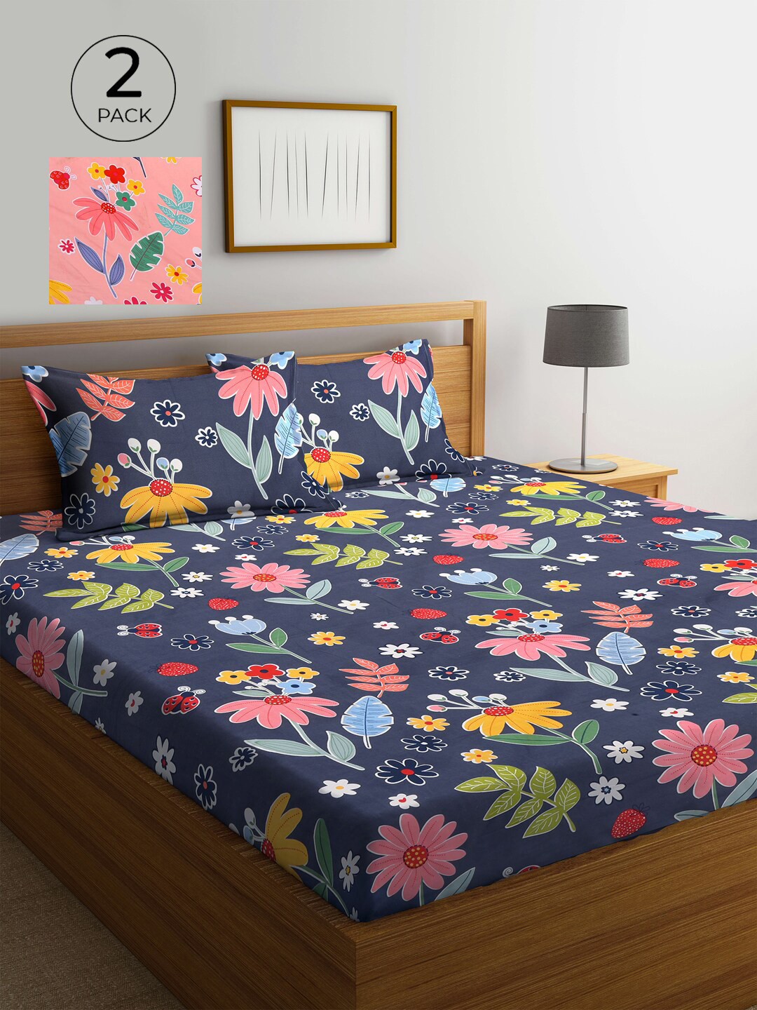 Blue & Pink Floral Printed 300 TC Set of 2 King Bedsheet with 4 Pillow Covers