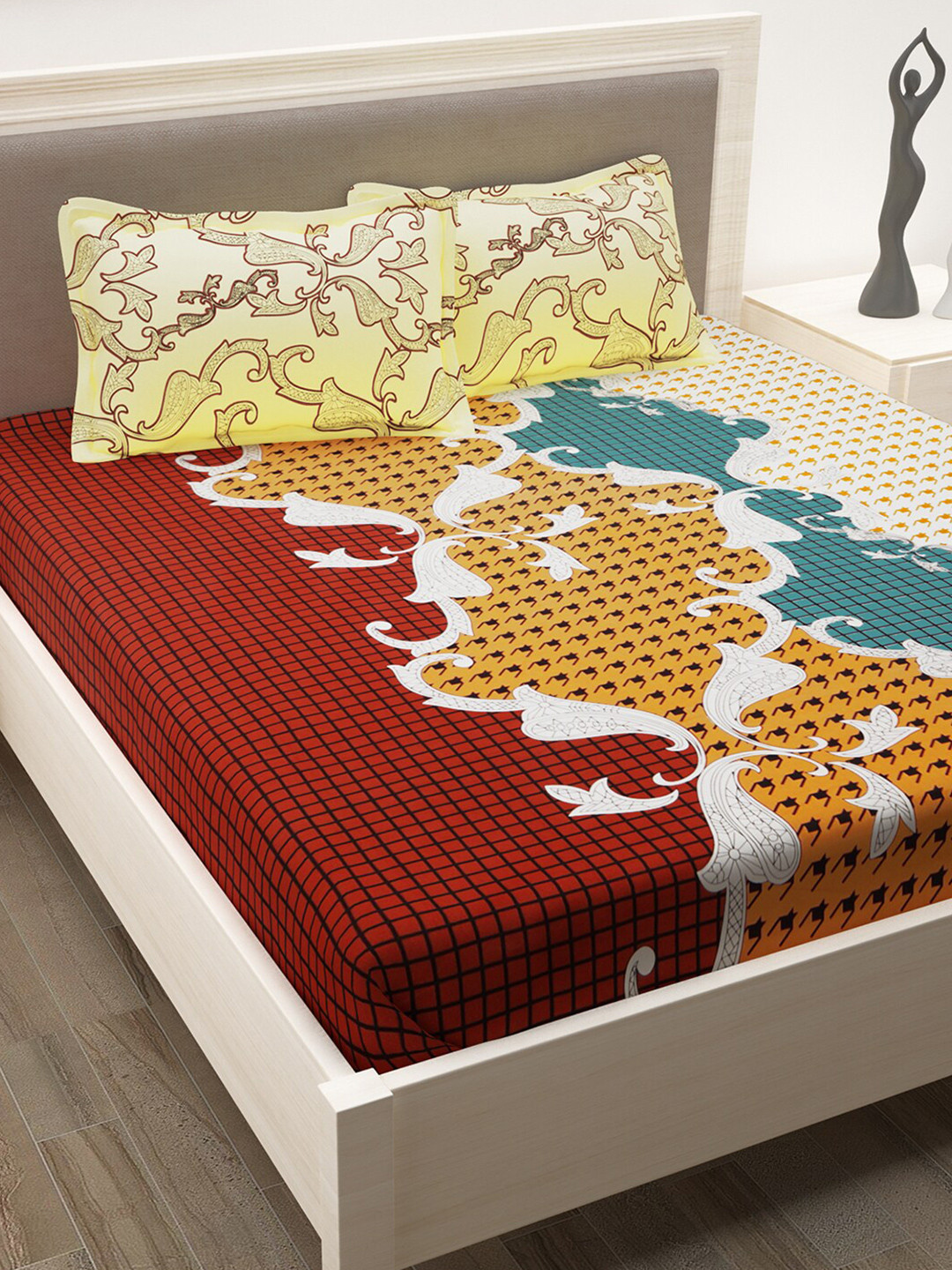 Story@home Metro Cream Ethnic Motifs Pure Cotton 186 TC Queen Bedsheet with 2 Pillow Covers-98 x 89 inches