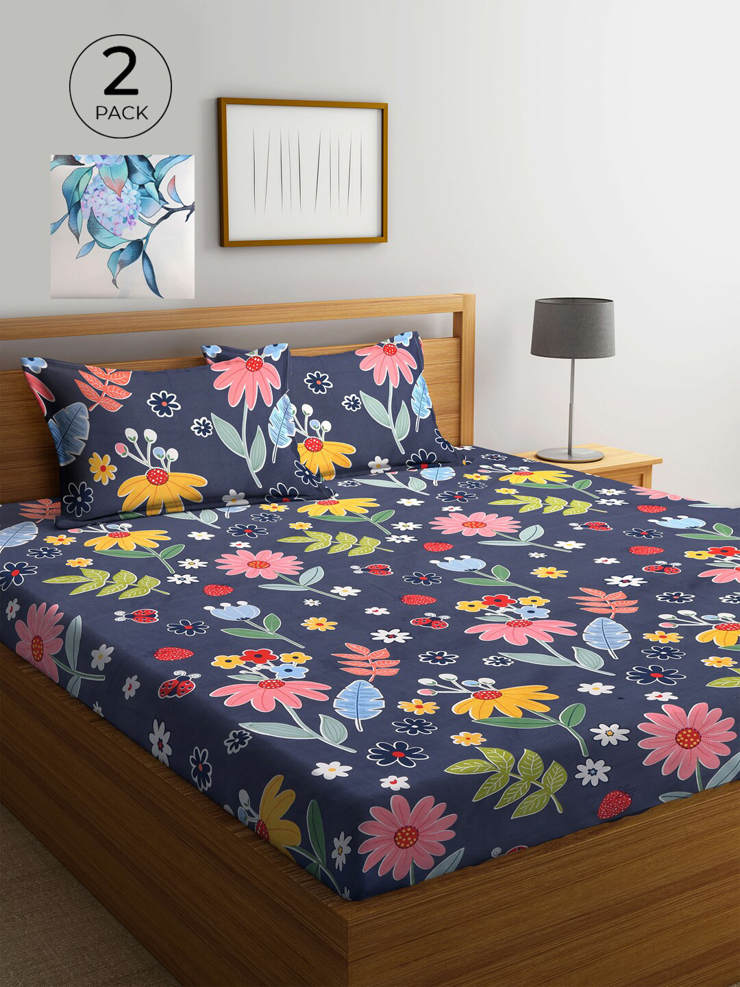 KLOTTHE Navy Blue Floral Cotton 300 TC King Fine 2 Bedsheet with 4 Pillow Covers-98 x 87 inches