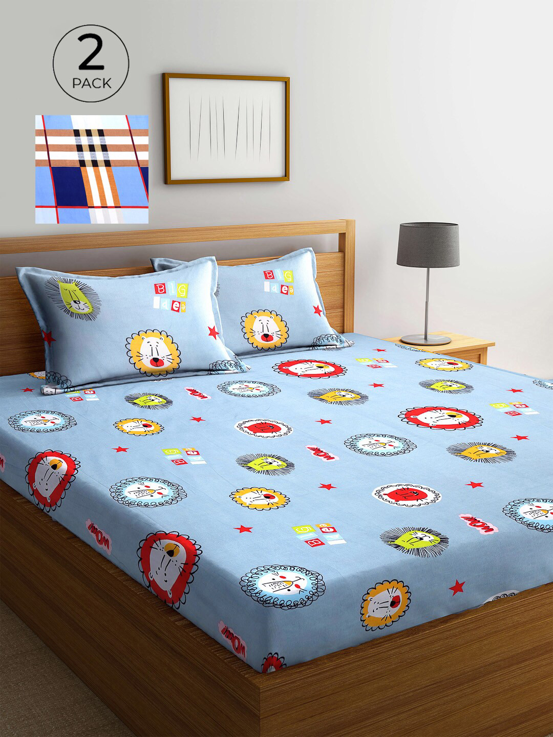 KLOTTHE Navy Blue & Red Cartoon Characters 210 TC 2 King Bedsheet with 4 Pillow Covers