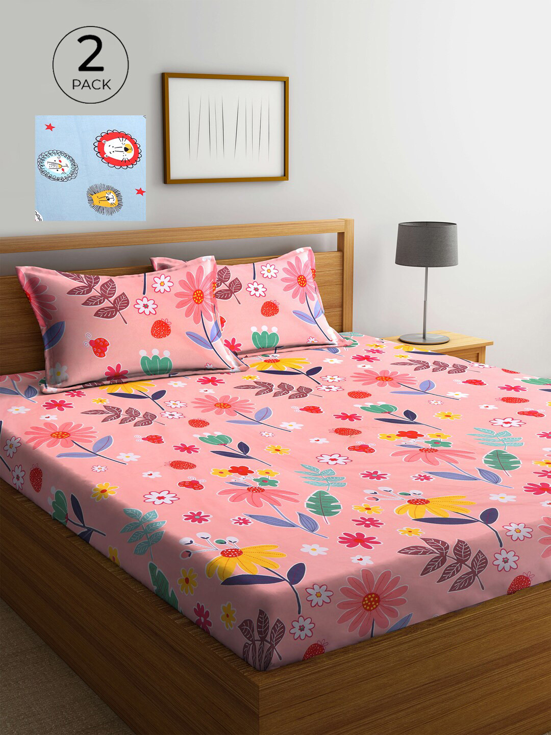KLOTTHE Pink & Yellow Floral 300 TC 2 King Bedsheet with 4 Pillow Covers