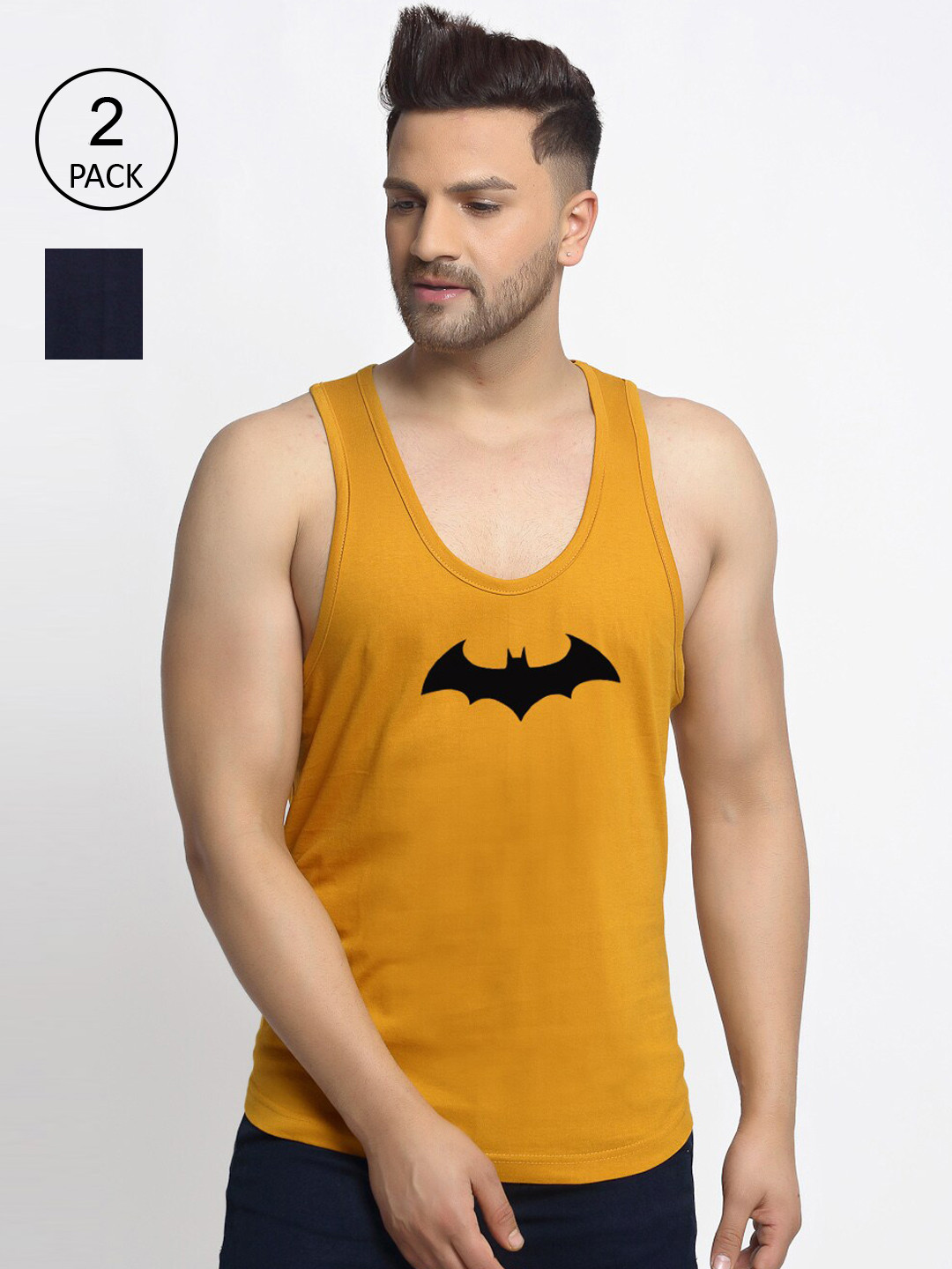 Friskers Men Pack Of 2 Navy Blue & Yellow Pure Cotton Innerwear Vests C1-17-C218-26-S