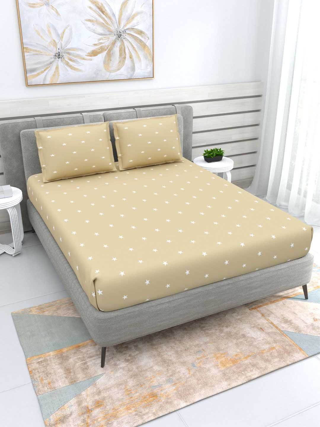 DREAM WEAVERZ Beige Star 220 TC Pure Cotton Double Bedsheet with 2 Pillow Covers