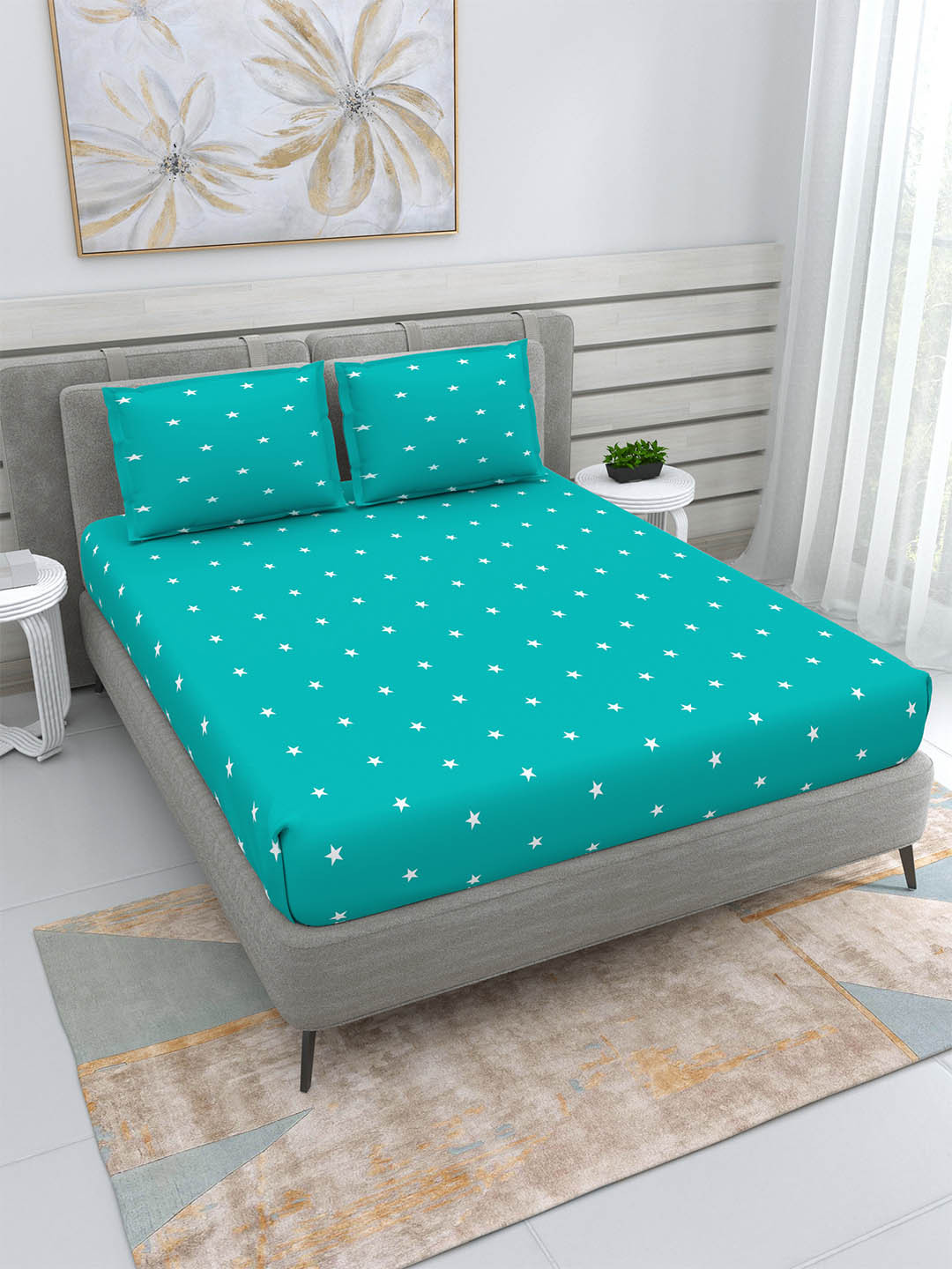 DREAM WEAVERZ Turquoise Blue Pure Cotton 250TC Queen Bedsheet Set -106x98 inches