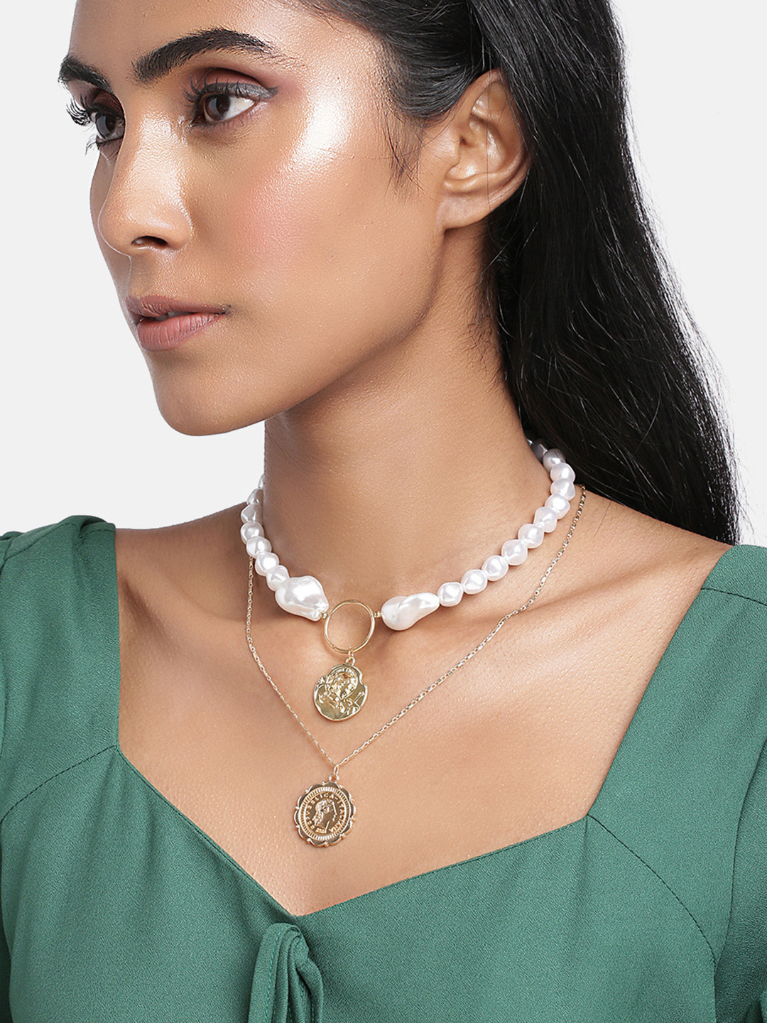 Peora Gold Toned Multilayer Pearl Choker Necklace Collar Chain Coin Pendant Necklace