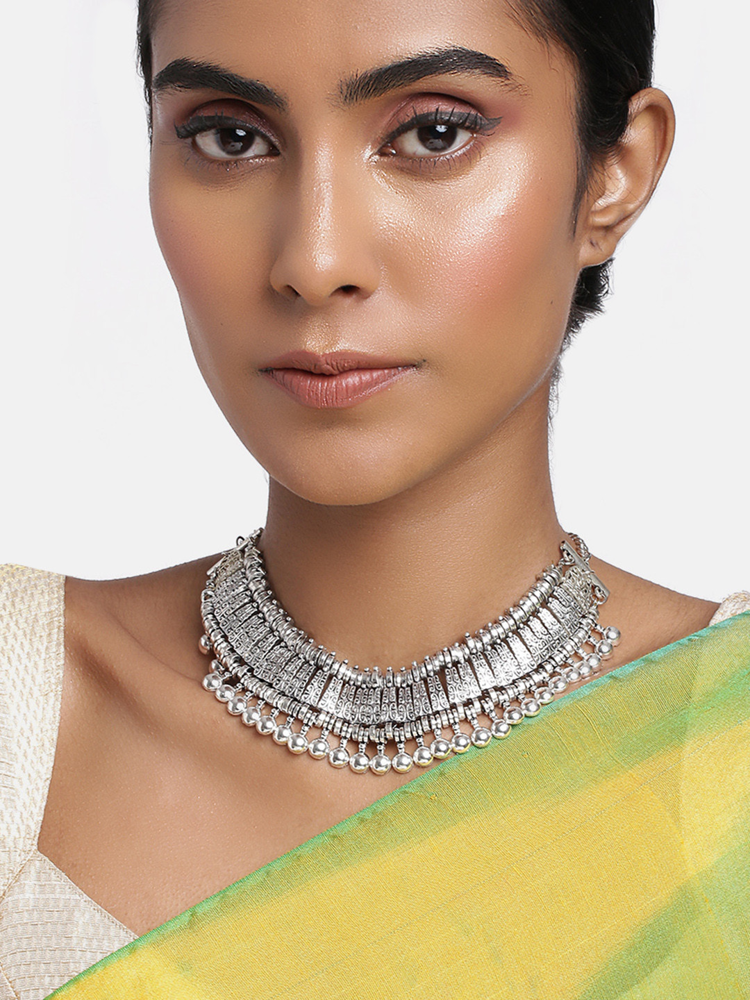 Peora Silver Plated Oxidised Tribal Jewellery Choker Necklace