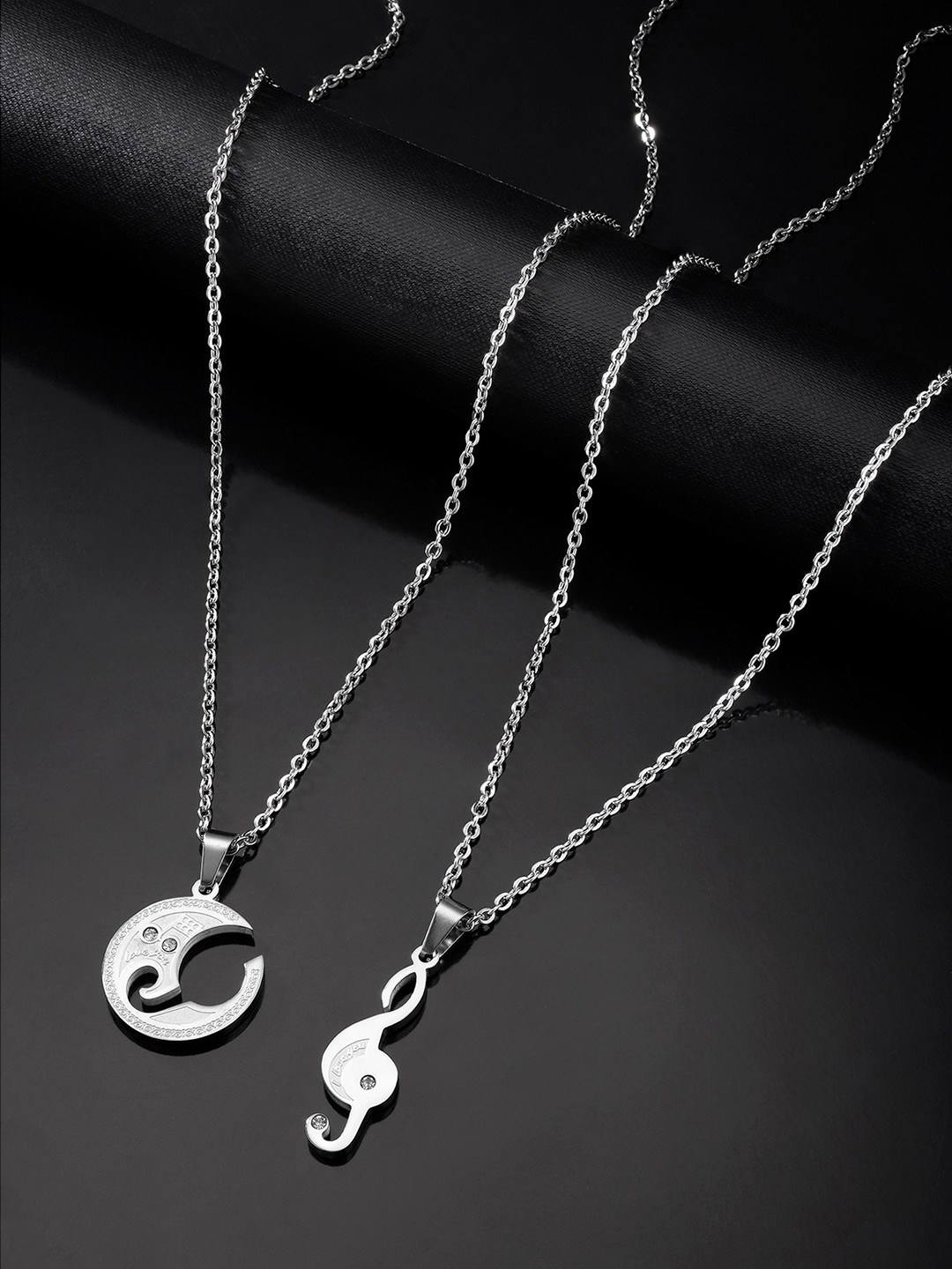 Peora Silver-Plated Stainless Steel Music Note Engraved Couple Pendant with Chain