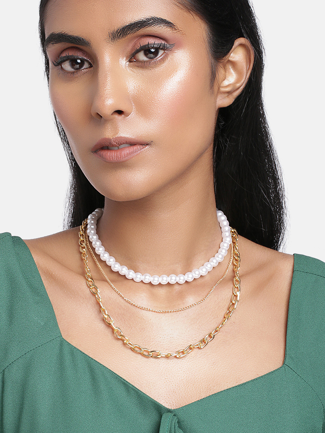 Peora Gold Toned & White Pearl Multilayer Chain Necklace