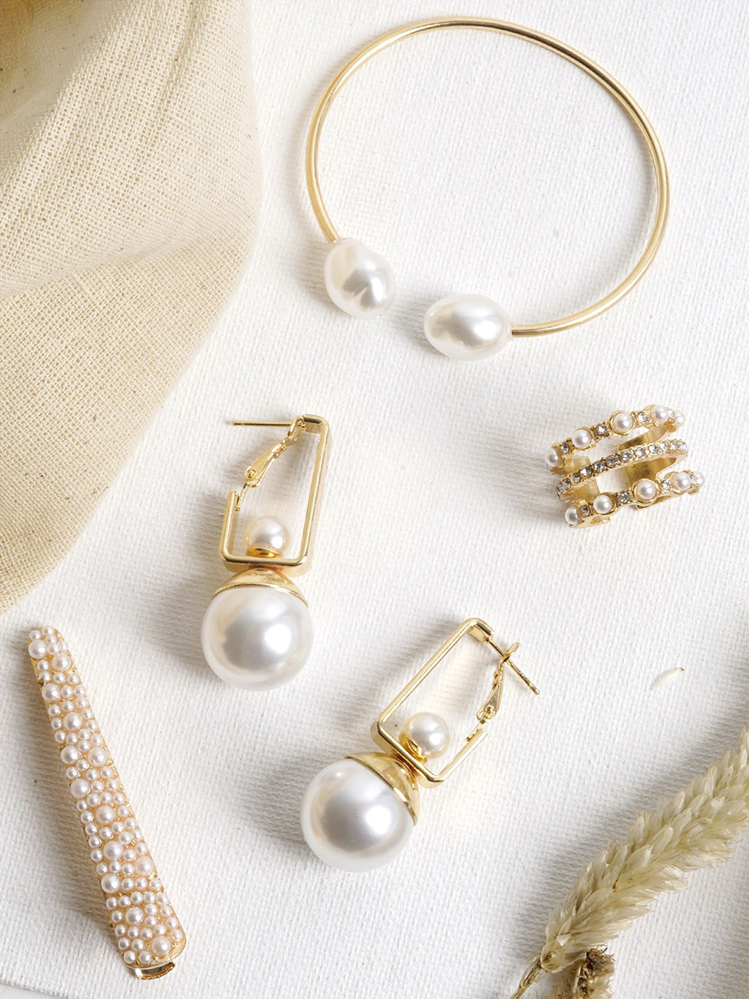 JOKER & WITCH Gold-Plated Gold-Toned & White Stone-Studded & Pearl Beaded Jewellery Set