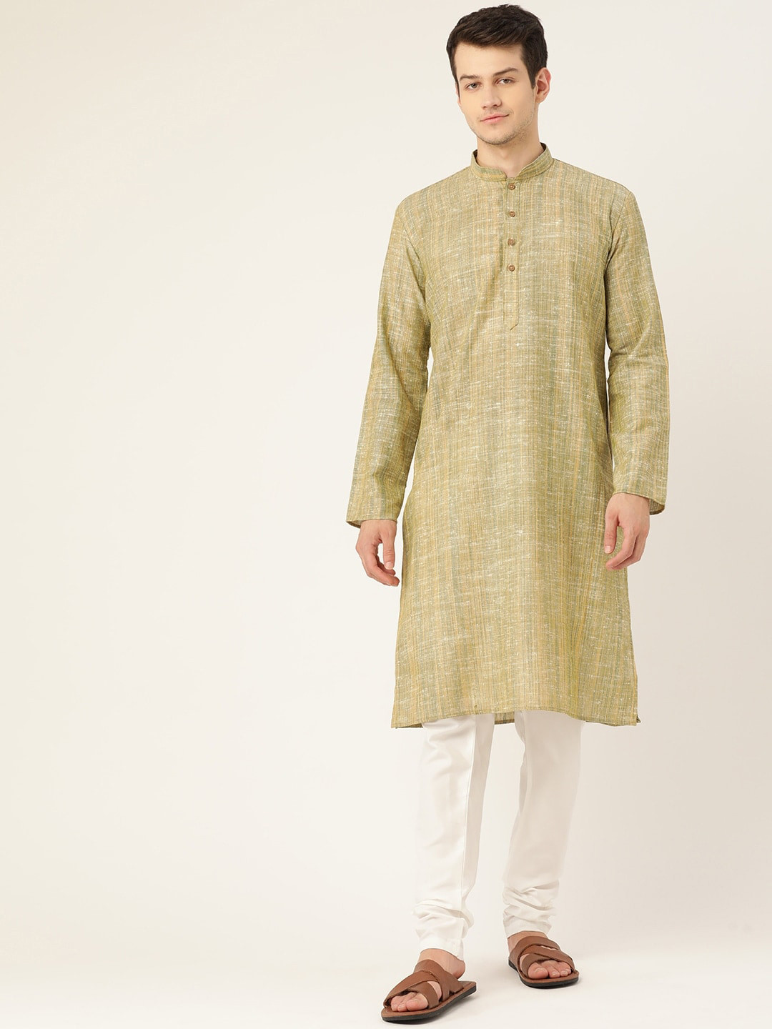 RAJUBHAI HARGOVINDAS Men Green & Yellow Handloom Khadi Kurta