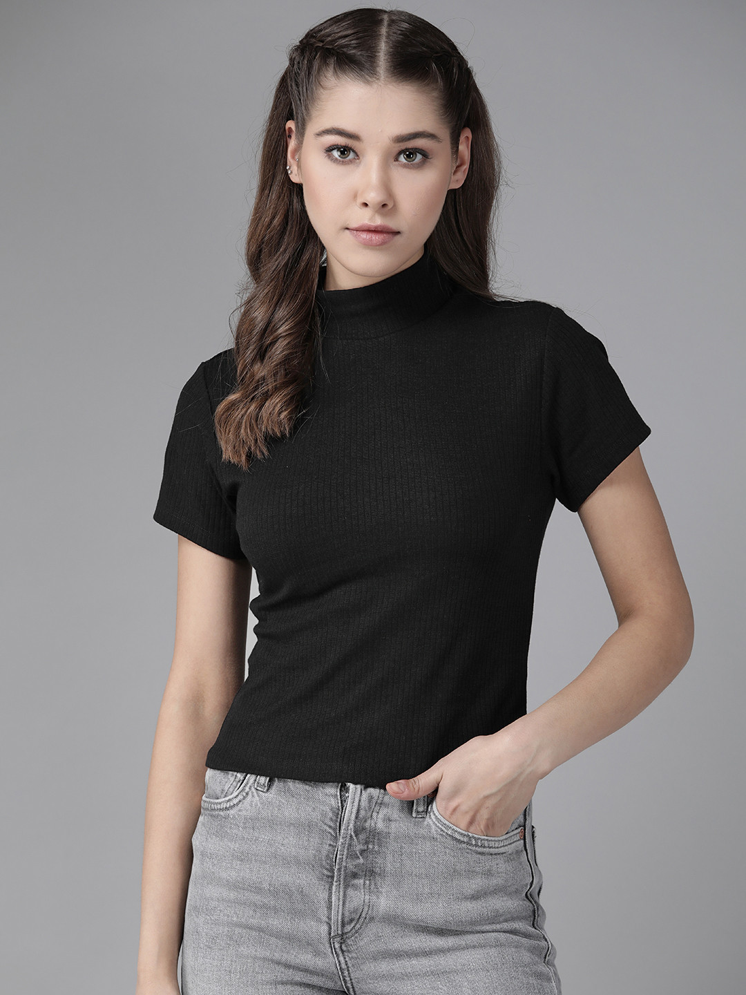 Roadster Women Black Solid High Neck Ribbed Top