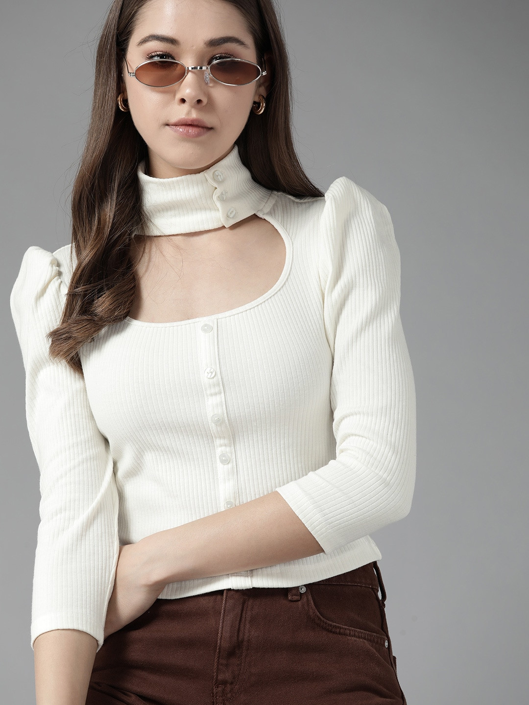 Roadster Off White Ribbed Top with Puff Sleeves